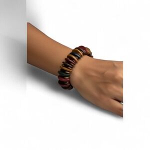 Vintage Coconut Shell Chunky Stretch Bracelet Boho Natural Wood Jewelry